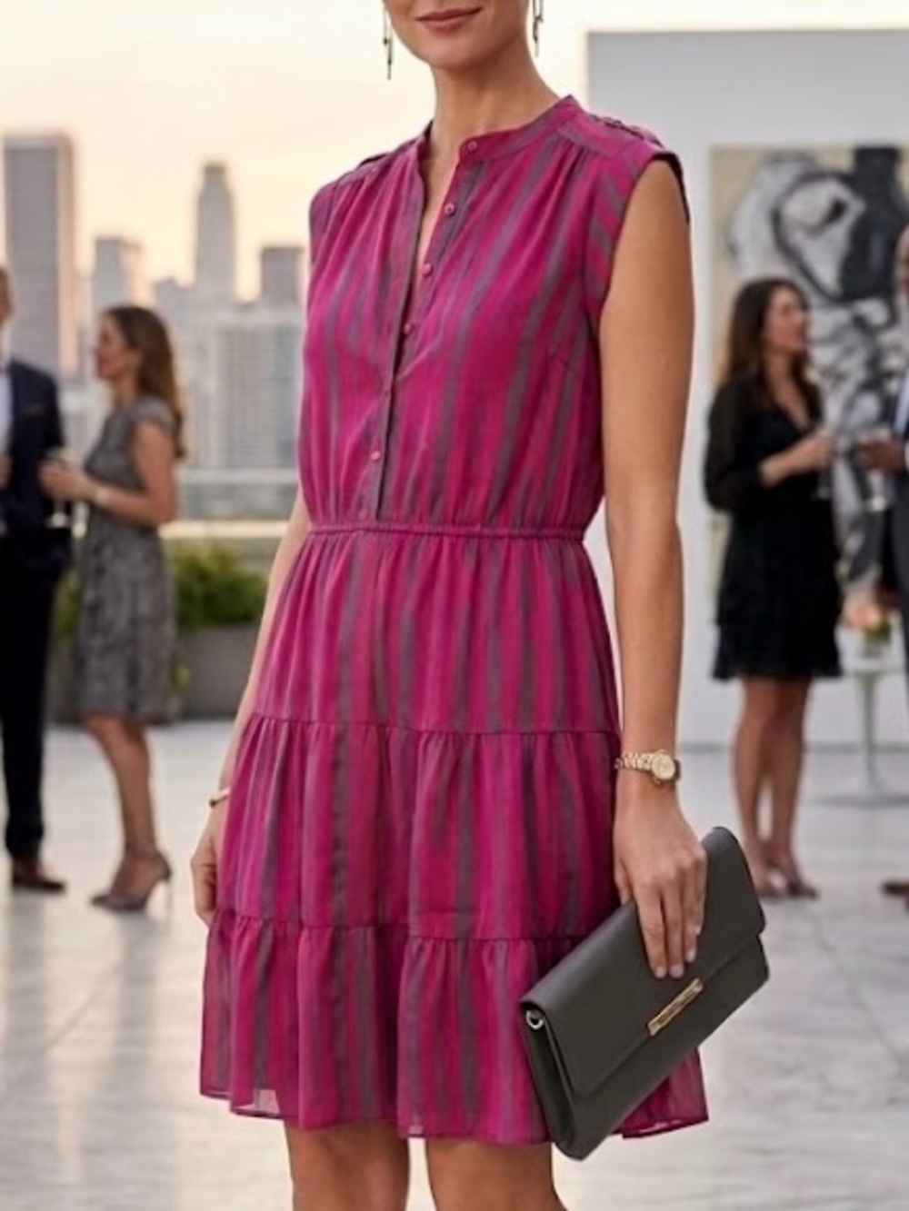 Staring at Stars Pink Grey Striped Tiered Boho Mini Dress Wedding Party Feminine